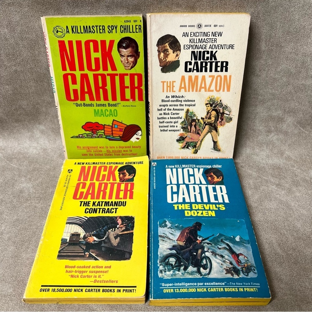 Nick Carter Set of 4 Paperpacks action adventure spy novels 1960's 70’s